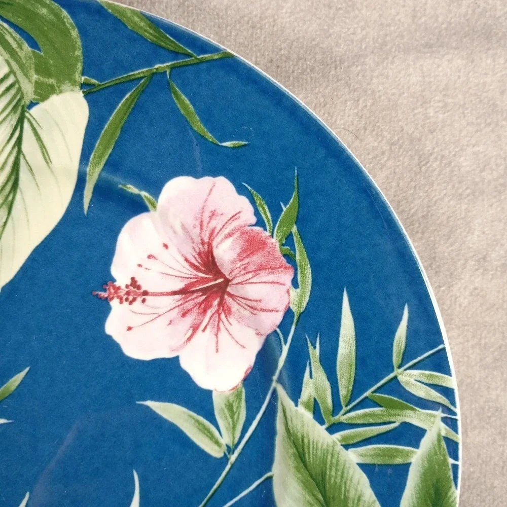 Vintage Mikasa Tropical Garden Blue Floral Salad Plates Pink Hibiscus Tropical‎